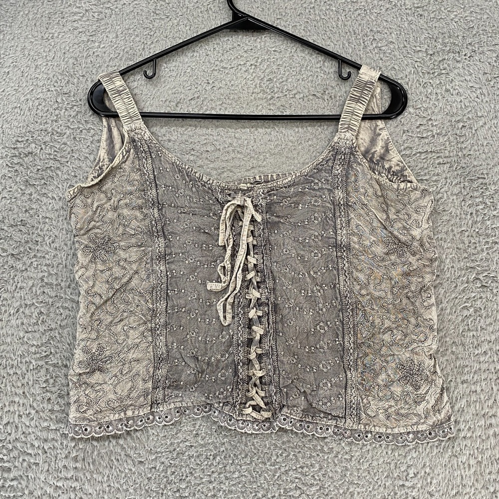 Y2K Fairy Top Womens XL Crop Top Gray Floral Smocked Tank Lace Up Ren Fair